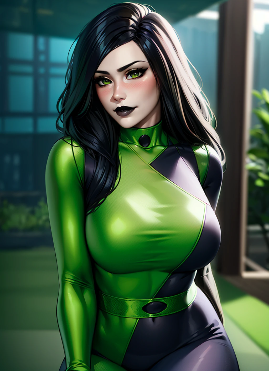 1girl, portrait of beautiful shegolady, green bodysuit, smile, blush, black lips, outdoors, volumetric lighting, best quality, masterpiece, intricate details, tonemapping, sharp focus, hyper detailed, trending on Artstation, realistic <lora:sxz-shego:1>