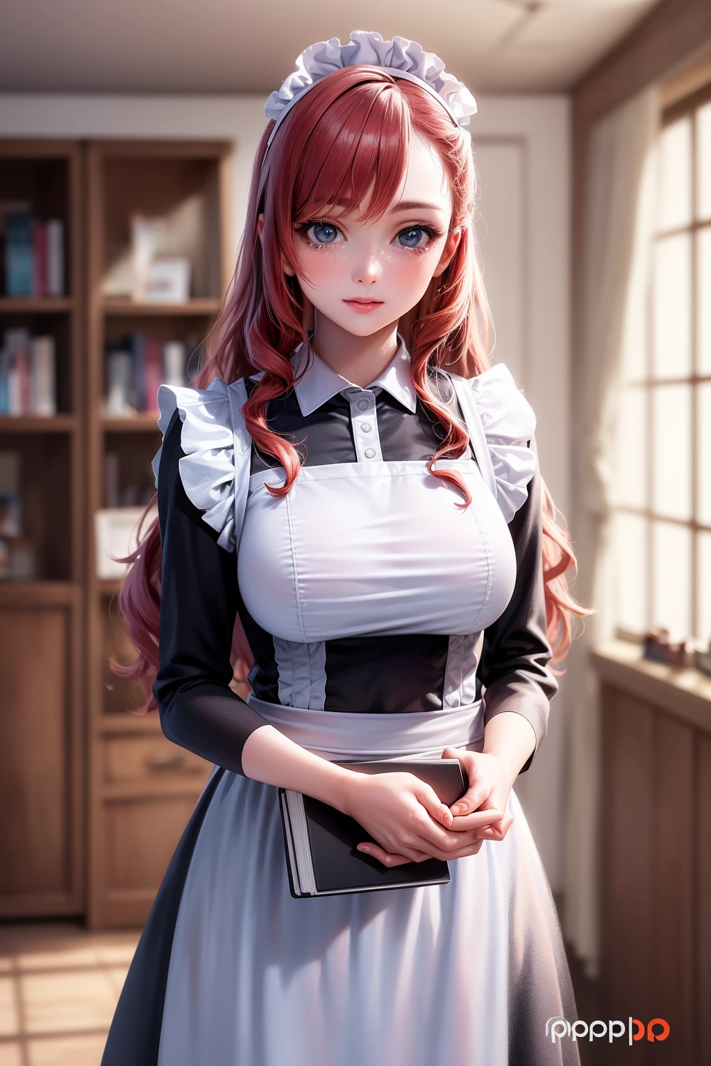 (ultra high res,photorealistic,realistic,best quality,photo-realistic), (8k, raw photo, best quality, masterpiece), (photon mapping, radiosity, physically-based rendering,automatic white balance), technological sense, best quality, masterpiece, illustration,CG ,unity ,wallpaper, official art, Amazing, finely detail, an extremely delicate and beautiful,extremely detailed, highly detailed, sharp focus,rich background,blurry background, (real person,photograph), vibrant details, beautiful studio soft light,
narrow waist, slim girl,,young girl
study room, bright, many bookshelves, many books
(((high detailed skin,visible pores))),
light smile, looking at viewer, arms behind back,
((Big eyes,perfect eyes,watery eyes)), ((red hair,long hair, wavy hair)), (big breasts),
<lora:ClothMaid1:0.8>traditional maid
