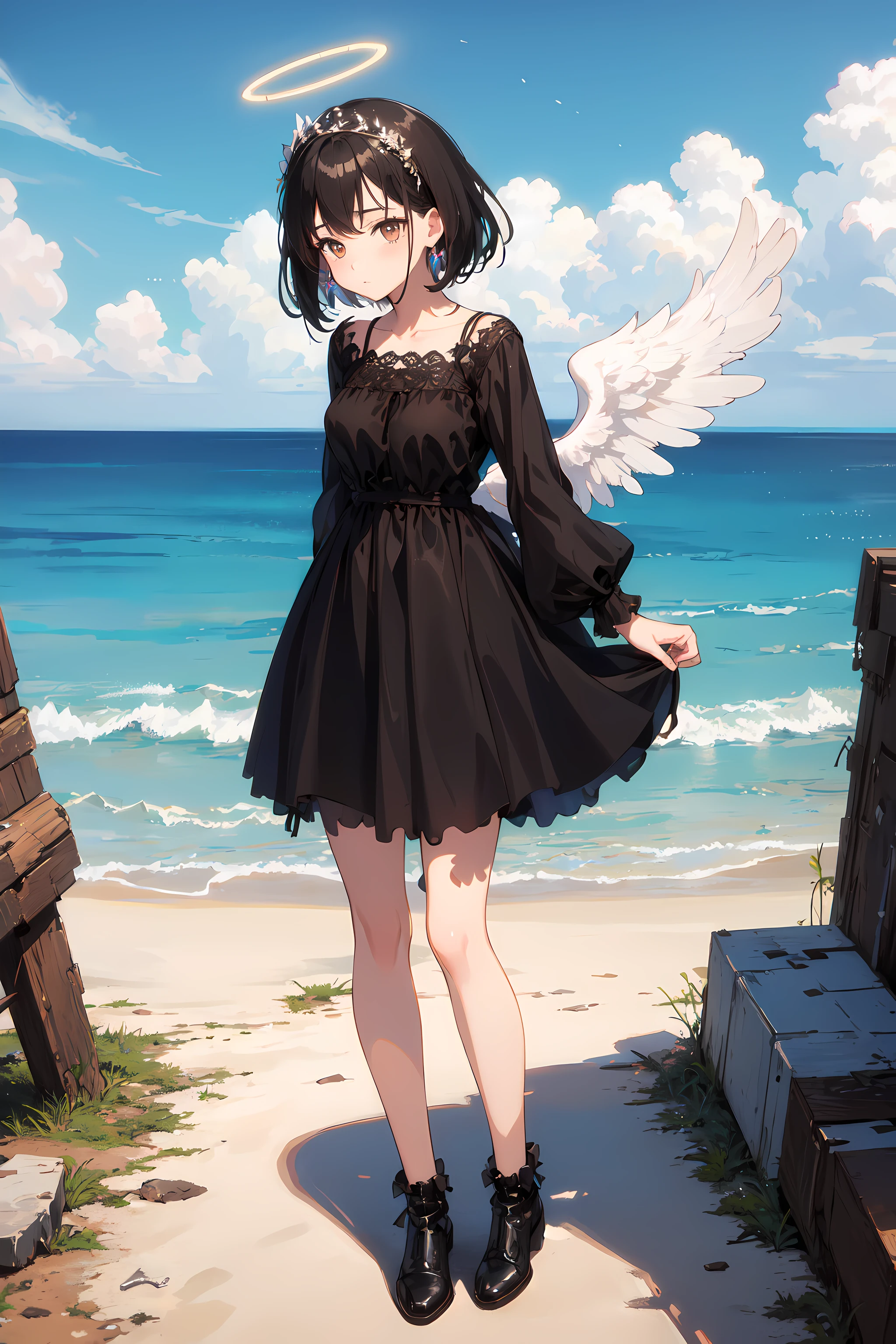 (masterpiece:1.2, best quality), (finely detailed beautiful eyes: 1.2), 1girl, black hair, angel of death, innocent, brown eyes, diadem, angel wings, black clothes, full body, arms behind back, sky, halo, post-apocalypse,