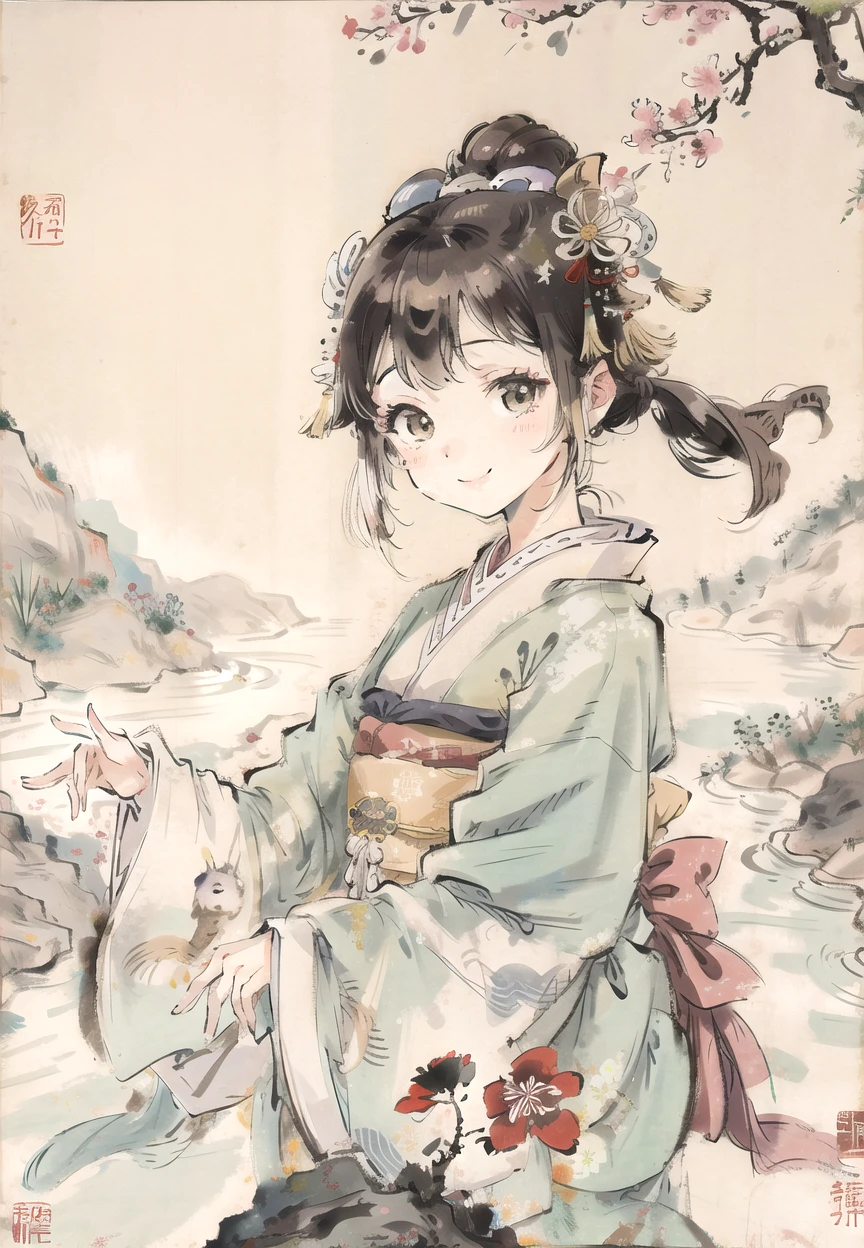 (masterpiece),best quality,good anatomy, (1 girl:1), (upper body),(smile),short hair,(hanfu),(ecchi0.5), (trees:0.5), (flowers:0.6) ,(wooden house:0.2),(bamboo forest:0.2),(creek:0.2),(river:0.2), Shinomiya Kaguya, Shinomiya Kaguya's Style,