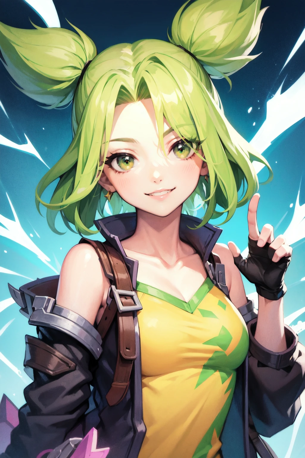 zeri (league of legends), 1girl, solo, hair over one eye, smile, jacket, electricity, gloves, fingerless gloves, green eyes, looking at viewer, upper body, blonde hair, collarbone, black jacket, bare shoulders, hand up, open jacket<lora:AOMv2_hard_accent:0.5>,<lora:Zeri:1>,