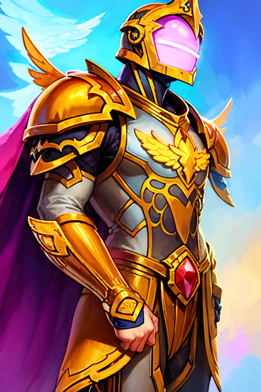 1boy, cowboy shot of paladin knight in heavy golden armor, helmet, aura, angelic wings, windblown cape, athletic, fantasy city outdoors, volumetric lighting, best quality, masterpiece, <lora:sxz-blizz-new-2:0.8>