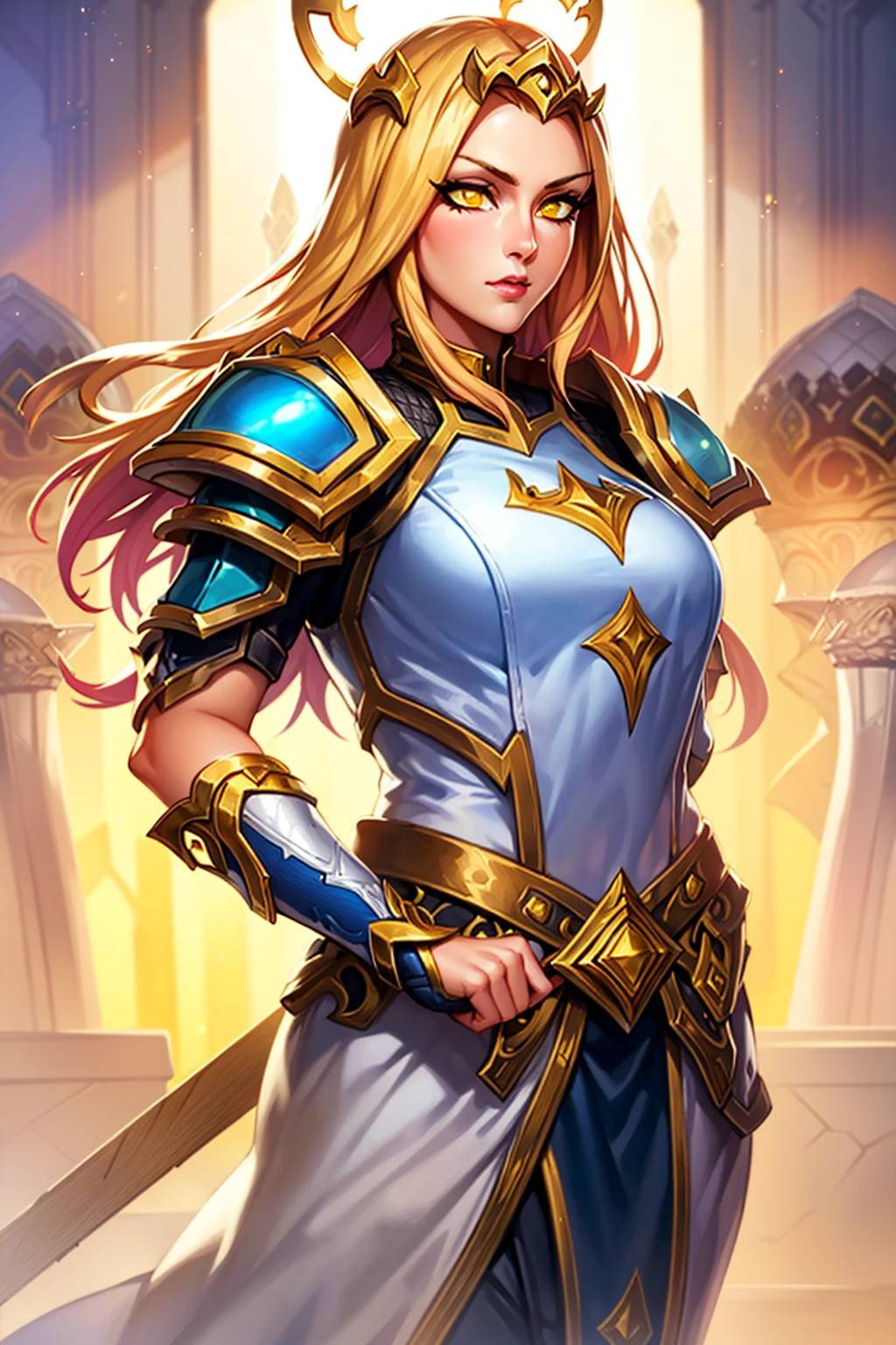1girl, cowboy shot of beautiful paladin, yellow eyes, windblown long blonde hair, white heavy armor, sword, pauldrons, glowing halo, temple indoors, volumetric lighting, best quality, masterpiece <lora:sxz-blizz-new-2:0.8>