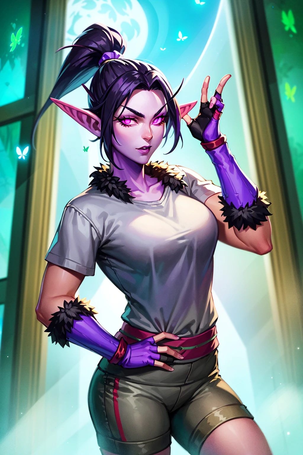 1girl, cowboy shot of beautiful elf druid, purple skin, white glowing eyes, black hair, ponytail, athletic, grey shirt, green shorts, fur trim, fingerless gloves, looking at viewer, glowing butterfly, forest, moon, window, volumetric lighting, best quality, masterpiece <lora:sxz-blizz-new-2:0.8>
