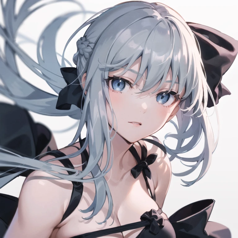 morgan\(fate\), 1girl, breasts, blue eyes, long hair,solo, braid, french braid, looking at viewer, bow, navel, ponytail, hair bow, grey hair, bangs, very long hair, black bow, large breasts, sidelocks, collarbone,<lora:Morgan_v1:0.7>,portrait, close up, <lora:Vivid_Impactful_Style_3:0.5>,vvi\(face\),floating hair,