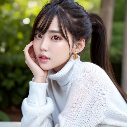 (goddess-like happiness:1.2), Kpop idol, 20 years old, brown eyes, ponytail, (RAW photo:1.2), (photorealistic:1.4), (masterpiece:1.3), (intricate details:1.2), delicate, beautiful detailed, (detailed eyes), (detailed facial features), (turtleneck sweater), petite, small breasts, narrow waist, (looking_at_viewer:1.2), big circle earrings, slim_legs, (skinny), (best quality:1.4), (ultra highres:1.2), cinema light, outdoors, (extreme detailed illustration), (lipgloss, eyelashes, best quality, ultra highres, depth of field, caustics, Broad lighting, natural shading, 85mm, f/1.4, ISO 200, 1/160s:0.75), dynamic pose, <lora:TWbabe4:0.55>