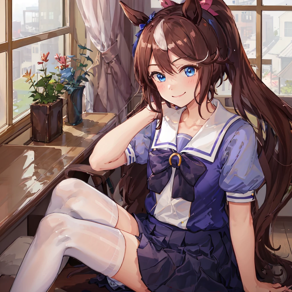((masterpiece, best quality)),1girl,Tokai Teio,Tokai Teio(Tracen uniform),horse ears,horse girl,brown hair,long hair,high ponytail,streaked_hair,multicolored_hair,blue eyes,bow,bowtie,puffy short sleeves,purple_shirt, sailor_collar, school_uniform, shirt,tracen_school_uniform,skirt ,<lora:Tokai Teio:0.6>,sitting, white thighhighs, smile,classroom, white legwear