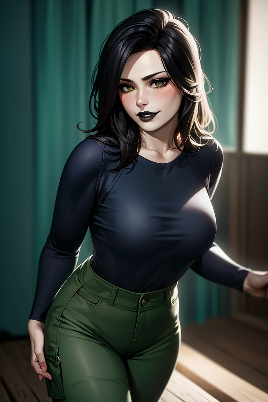 1girl, cowboy shot of beautiful shegolady, black shirt, brown cargo pants, evil grin, blush, black lips, dark room indoors, volumetric lighting, best quality, masterpiece, intricate details, tonemapping, sharp focus, hyper detailed, trending on Artstation, realistic <lora:sxz-shego:0.8>