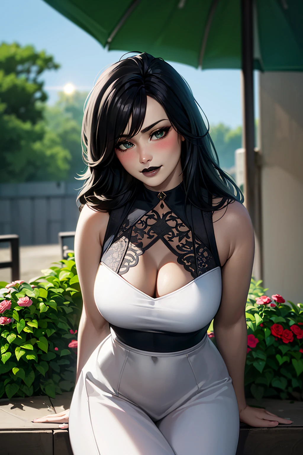 1girl, cowboy shot of beautiful shegolady, white sundress, smile, blush, black lips, outdoors, flowers, sunlight, volumetric lighting, best quality, masterpiece, intricate details, tonemapping, sharp focus, hyper detailed, trending on Artstation, realistic <lora:sxz-shego:0.8>