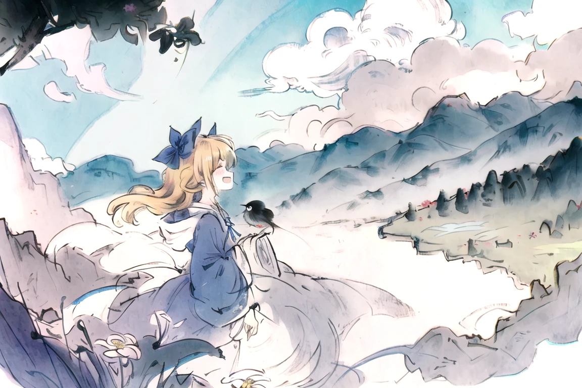 ([sketch|watercolor]:1.2), pastel colors, (chromatic aberration:1.2), intense shadows, cumulonimbus cloud, birds, rainbow, 1girl, blonde hair, short hair, wavy hair, (hair ribbon, blue ribbon:1.2), detached sleeves, blue dress, (portrait:1.2), :d, flowing hair, scenery, mountains, colorful grass fields, (flowers:1.2), floating leaves, (wind:1.2), obelisk,