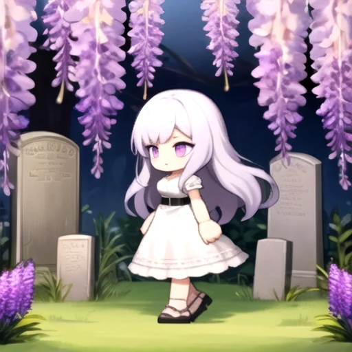 <lora:ArknightsSpritesV2:1>, akchibi, chibi, full body, lavender hair,long hair, magenta eyes, long white dress, black belt under breasts, wisteria flowers, grass, tombstone, lavender flowers