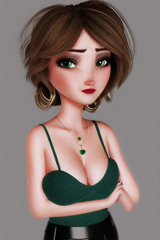 aunt cass, modern disney style,1girl,green eyes, black_skirt, breasts, cleavage, earrings, gradient, gradient_background, grey_background, jewelry, lips, lipstick, looking_at_viewer, makeup, medium_breasts, red_lips, short_hair, skirt, solo, brown_hair<lora:aunt_cass:0.8>