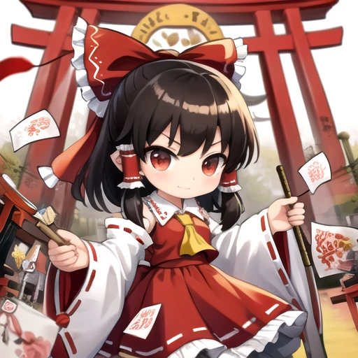 (masterpiece, best quality:1.2),  <lora:AKTEST-03:1> chibi, hakurei reimu, torii gate, ofuda