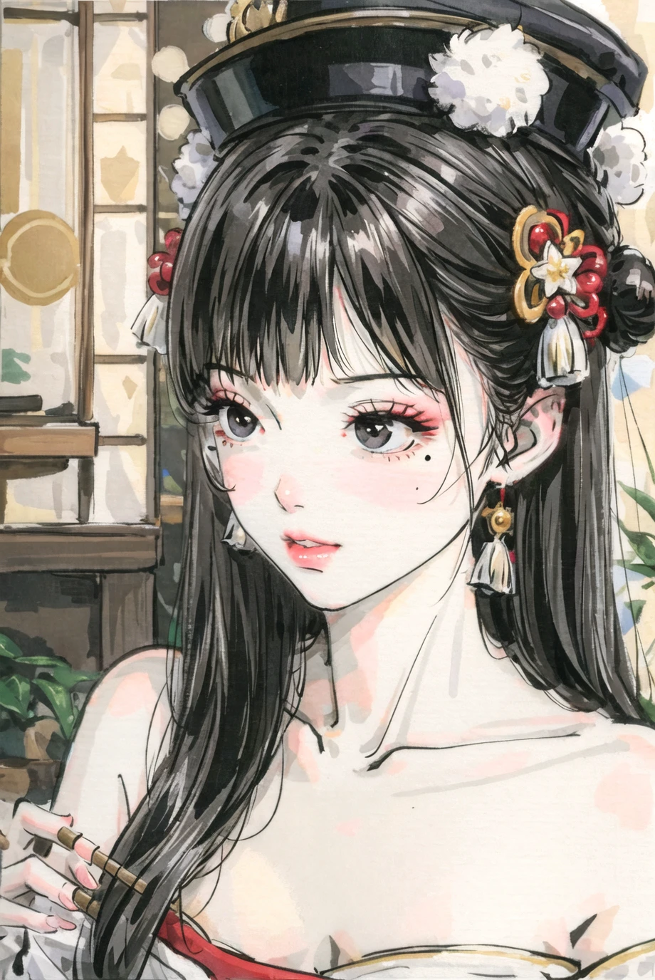 1girl, bangs, bare shoulders, black eyes, black hair, blunt bangs, collarbone, hair ornament, hair stick, hair tubes, hat, hime cut, japanese clothes, lips, long hair, looking to the side, makeup, mole under mouth, nyotengu, pom pom \(clothes\), solo, tokin hat, upper body,(masterpiece:1.4),(best quality:1.4),(shiny skin),chch-style