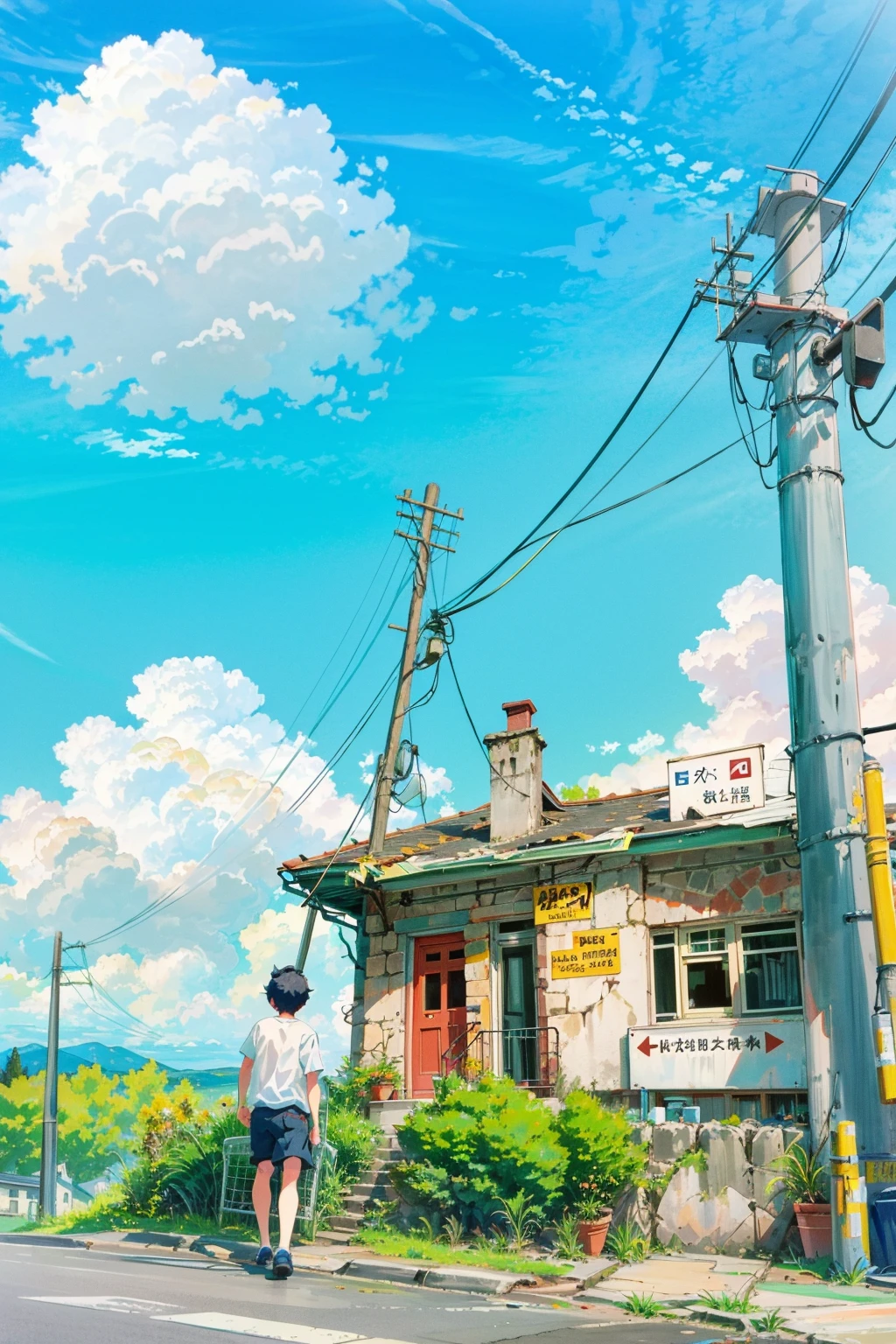 outdoors, sky, cloud, day, black hair, scenery, shirt, tree, blue sky, building, sign, 1girl, shorts, 1boy, power lines, white shirt, house, english text, railing, long hair, wide shot, short sleeves, utility pole<lora:airconditionerlora:1>