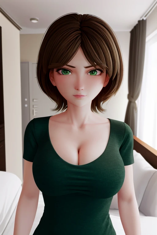 aunt cass, breasts, 1girl, brown hair, solo,green eyes, green shirt , upper body , angry, looking at viewer, bedroom, cleavage, medium breast,mature female,4k,ultra detailed,3d,best quality,depth of field,  <lora:aunt_cass:0.8>