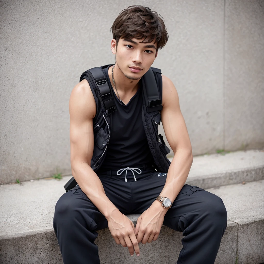 superstar male, sitting, mysterious, gobchang, harness, tanktop, cargo pants, techwear, hypebeast, portrait, candid, modeling, photo, blank background, masterful composition