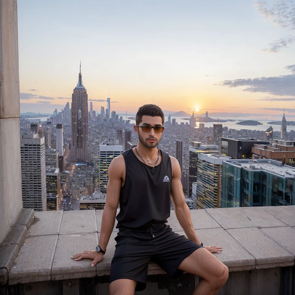 superstar male, sunset, rooftop, cityscape, streetwear, vest, tanktop, techwear, modeling, photo, real, candid, masterful composition