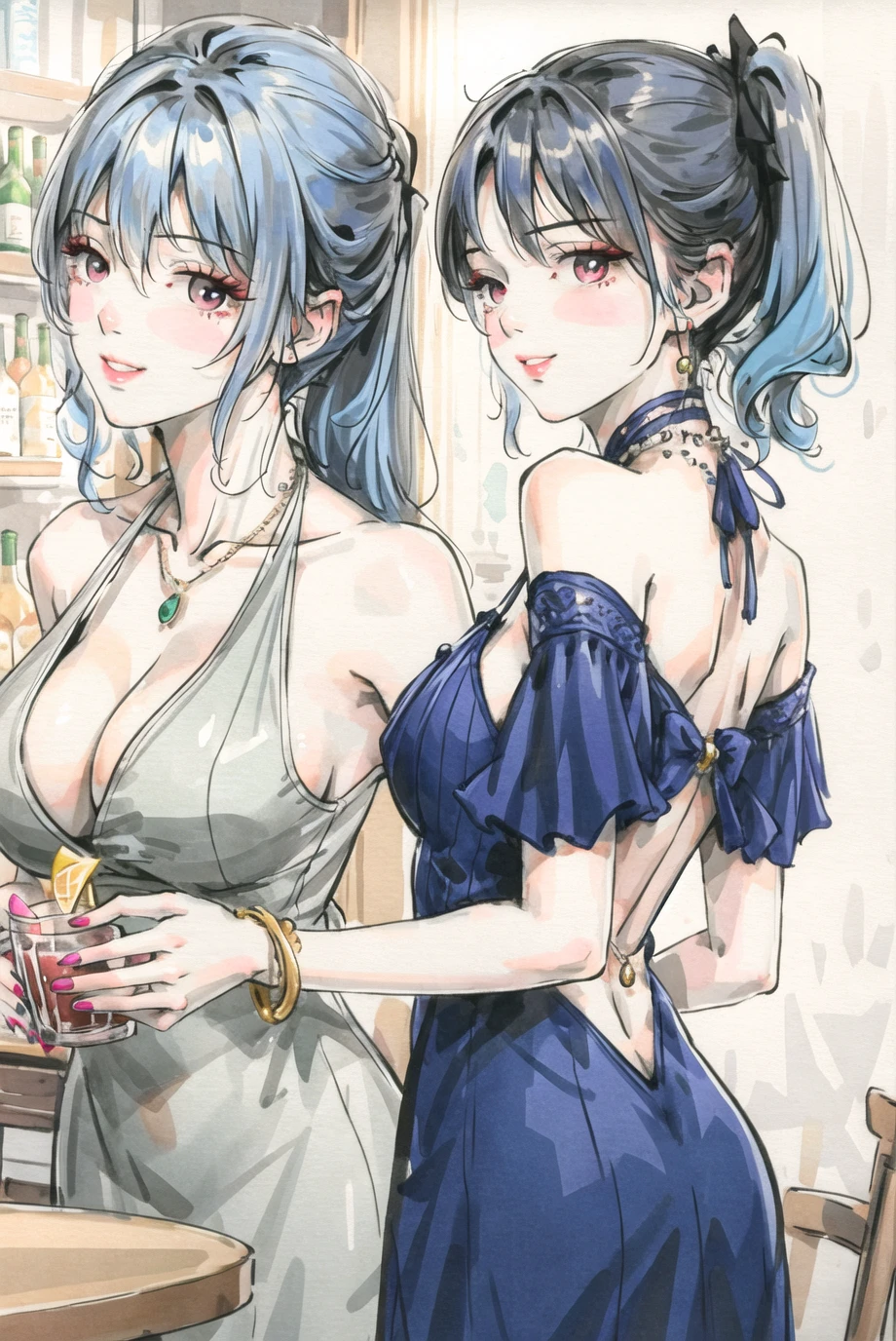 1girl, alcohol, backless dress, backless outfit, bangs, bare shoulders, blue hair, blue nails, blush, breasts, champagne flute, cleavage, collarbone, cup, dress, drinking glass, evening gown, grey dress, hair between eyes, halter dress, halterneck, holding, holding cup, jewelry, large breasts, looking at viewer, nail polish, necklace, parted lips, pink eyes, plunging neckline, revealing clothes, side ponytail, sidelocks, silver dress, solo, upper body,(masterpiece:1.4),(best quality:1.4),[[realistic]],(shiny skin),smile,chch-style