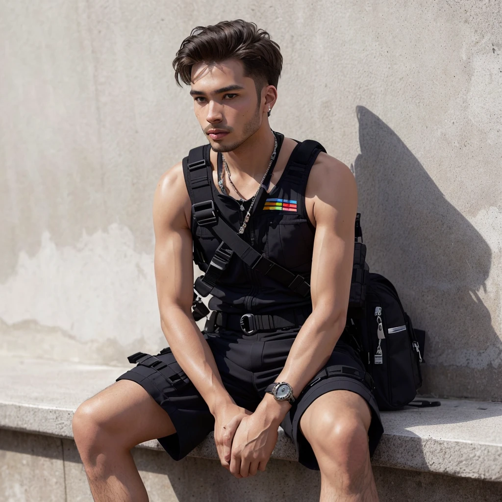 superstar male, american, sitting, mysterious, gobchang, harness, tanktop, cargo pants, techwear, hypebeast, portrait, candid, modeling, photo, blank background, masterful composition