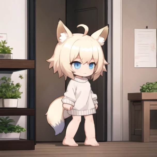 chibi, full body, standing, fox ears, tail, platinum blonde hair, blue eyes, sweater dress, bottomless, barefoot, indoors, hydroponics, ahoge, disheveled hair,  <lora:AKTEST-09:1>, standing straight