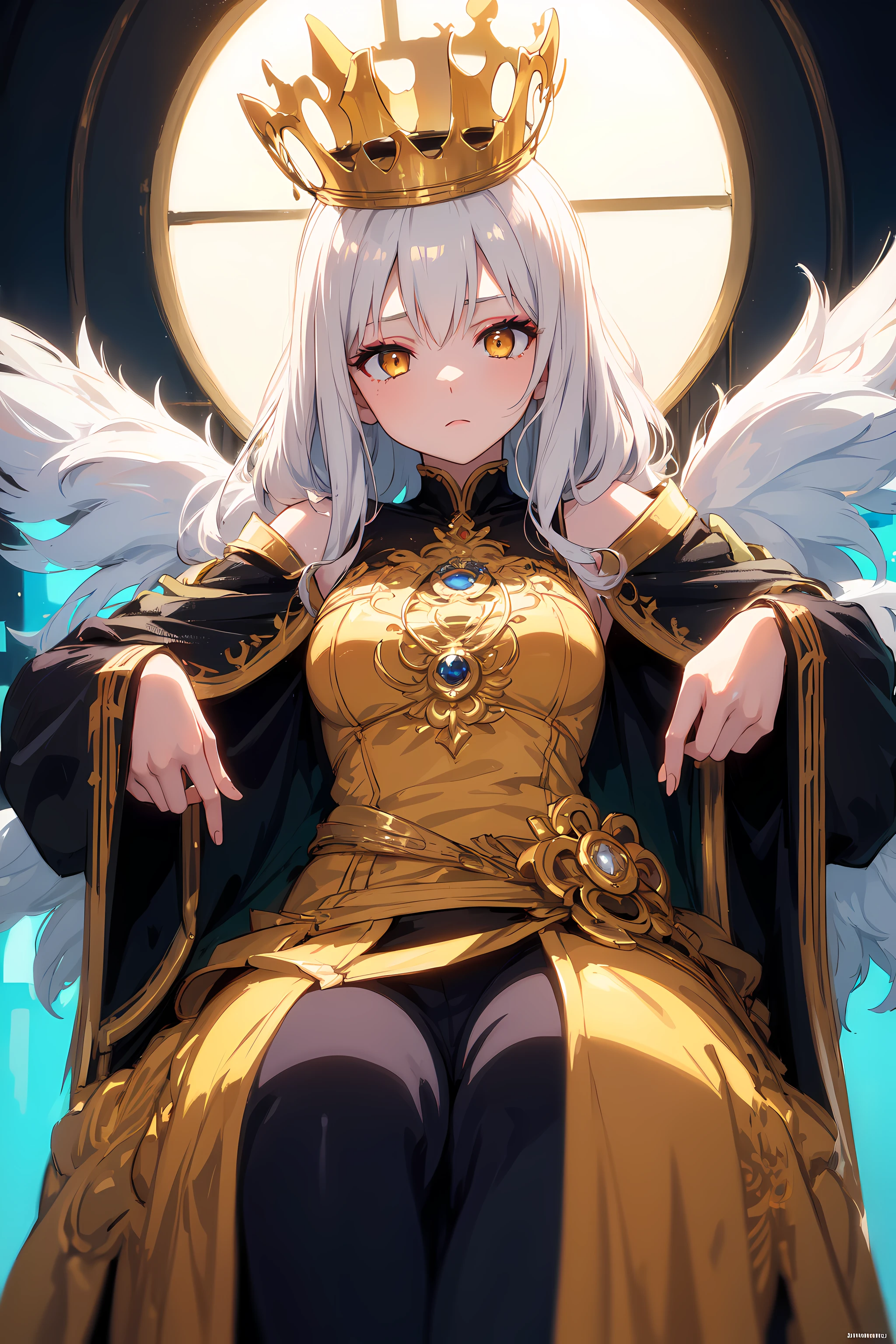 (Masterpiece:1.2), best quality, (illustration:1.2), (ultra-detailed), hyper details, (delicate detailed), (intricate details), (cinematic light, best quality Backlights), clear line, from below, solo female, perfect body, (1girl), white hair, glowing yellow eyes, (emperor, black see-through clothes),(crown:1.1), sitting on Throne, slightly close eyes, looking downward, turn head, ( shy:1.2), ((makeup)), high contrast, (best illumination, an extremely delicate and beautiful), ((cinematic light)), colorful,