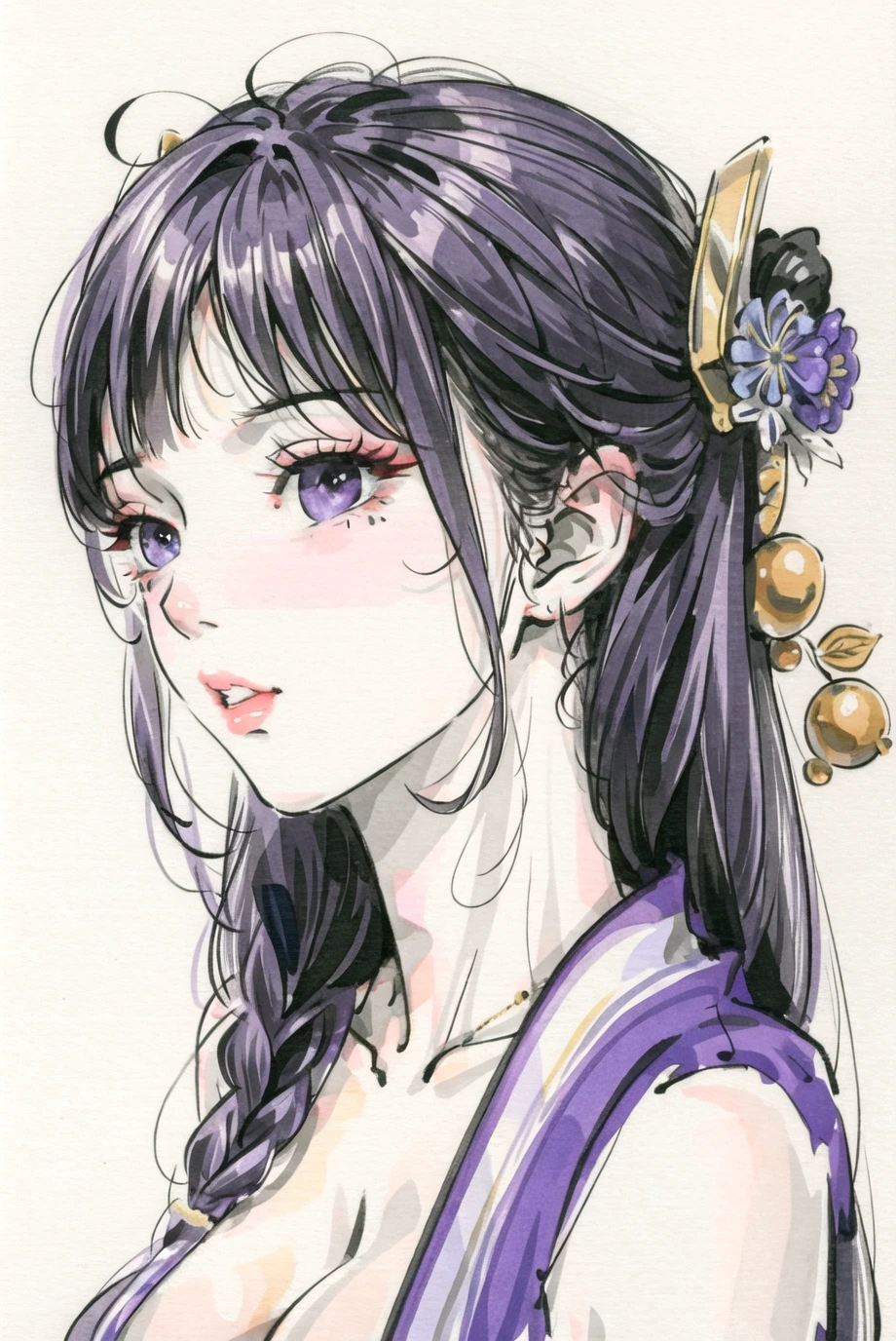 1girl, bangs, black hair, blunt bangs, blush, breasts, cleavage, flower, hair flower, hair ornament, japanese clothes, kimono, large breasts, long hair, looking at viewer, parted lips, portrait, purple eyes, purple hair, raiden shogun, ribbon, simple background, solo, upper body, white background,realistic,(masterpiece:1.4),(best quality:1.4),(shiny skin),chch-style