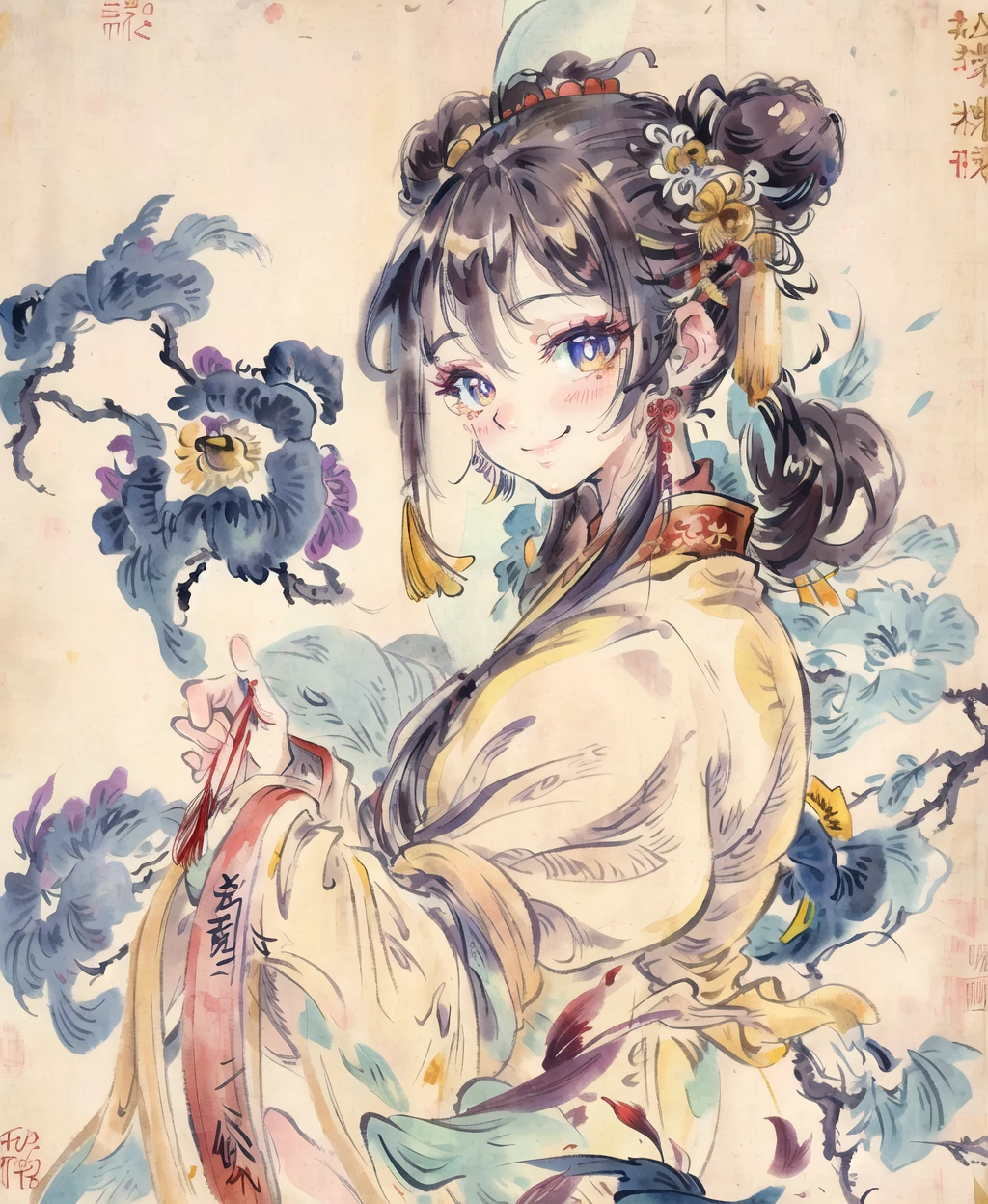 (ultra high res,photorealistic,realistic,best quality,photo-realistic),
(high detailed skin,visible pores),(real person,photograph),
(((yellow hanfu,chinese style))),realistic,simple background,upper body,
(8k, raw photo, best quality, masterpiece),(1 girl),photon mapping, radiosity, physically-based rendering,automatic white balance,(((haunting smile,long hair))),watery eyes,
(blush|cute and playful|adorable|skinny|thick bangs|beauty|twintail|hair bun,),(looking at viewer),(irises and pupils are rounded,the pupil reflects the surroundings,eyes are not the same size),