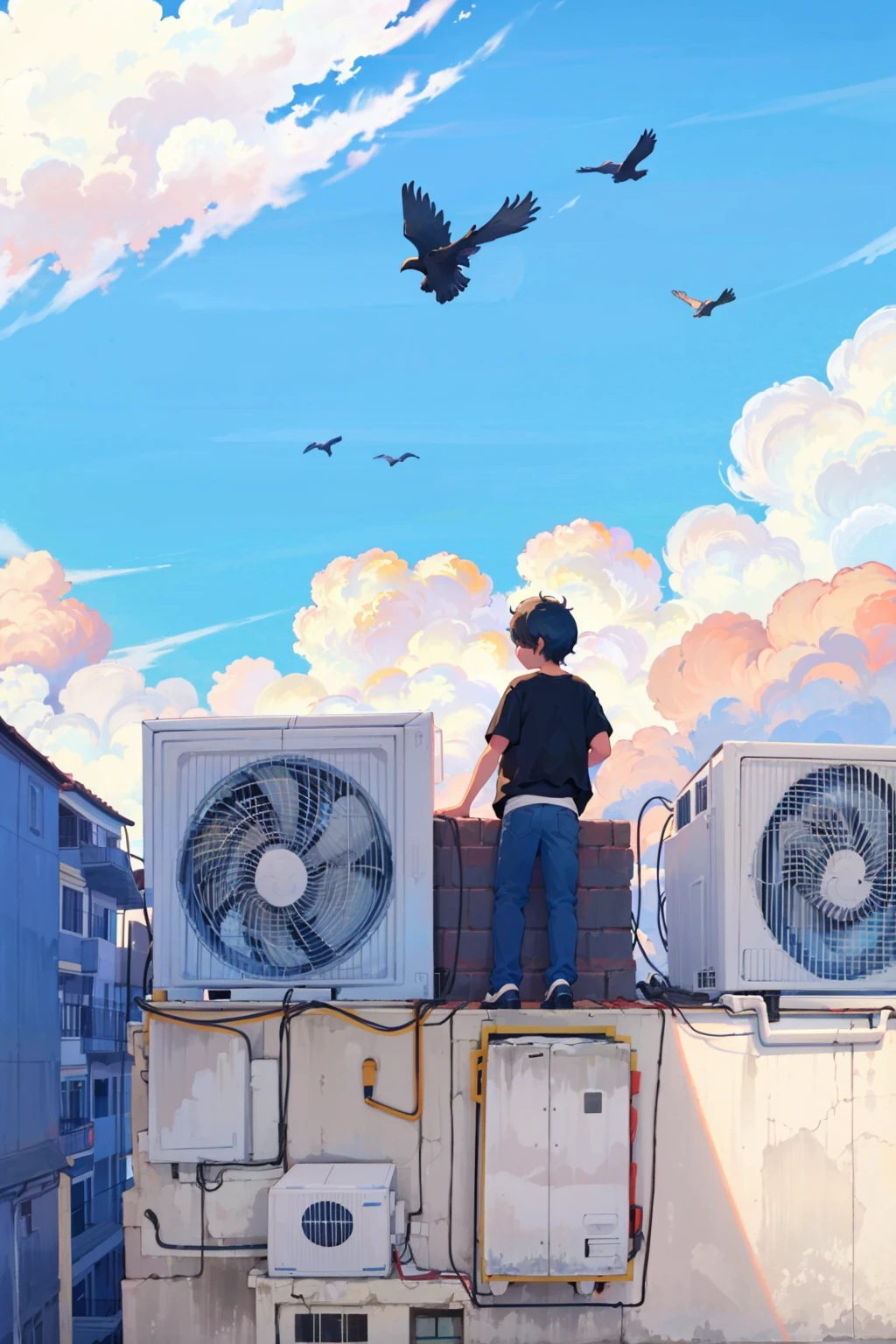 air conditioner,1boy, sky, bird, blue sky, male focus, outdoors, white shirt, shirt, black hair, cloud, solo, pants, rooftop, standing, black pants, day, wide shot, short sleeves, from behind, short hair, building, crow, animal, shadow<lora:airconditionerlora:1>