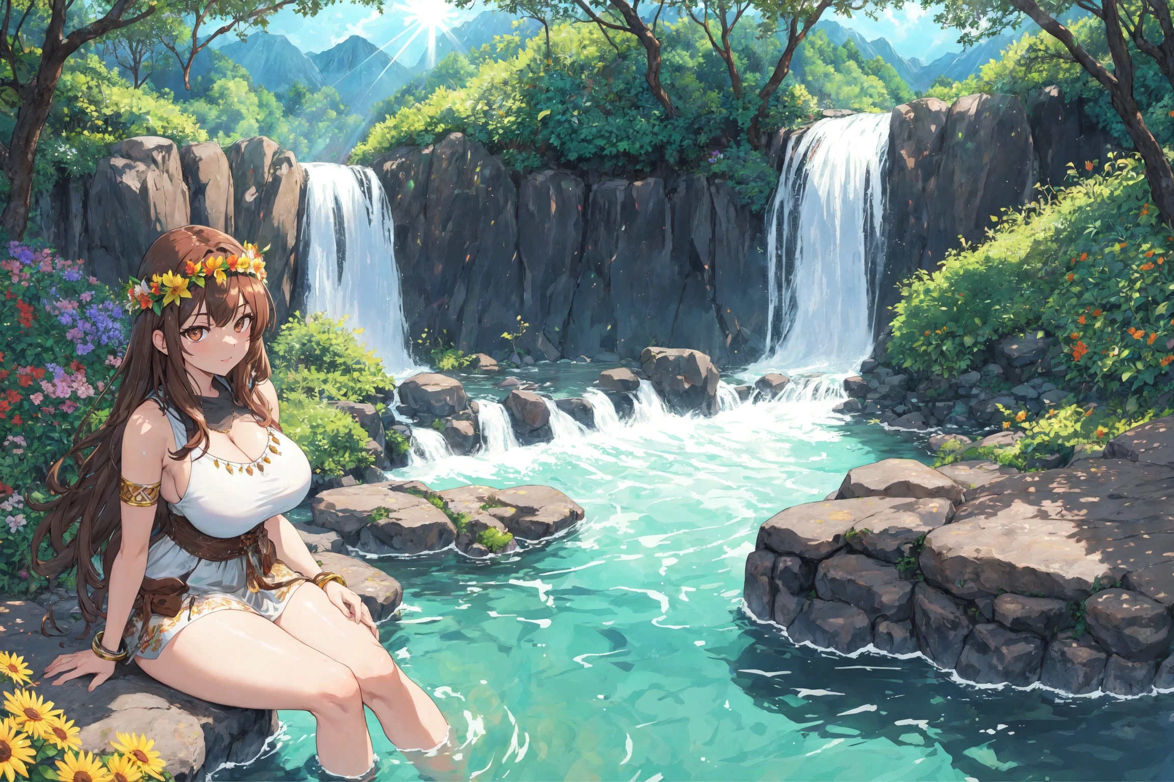(best quality:1.4), anime, solo, large breasts, thick thighs, brown eyes, sitting, ankle bracelet, waterfall, river, rocks, mountains, ((sunbeam)), flower crown, beautiful detailed face