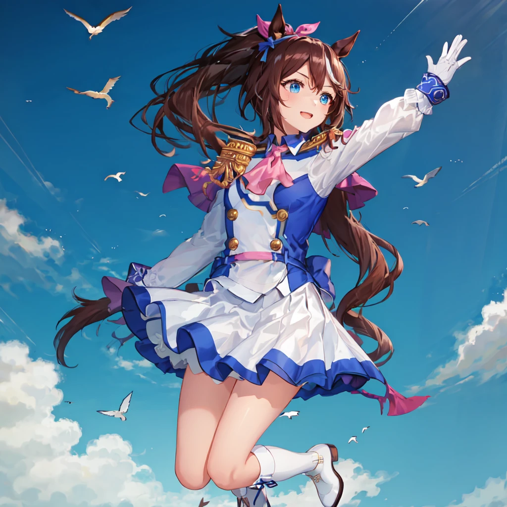 ((masterpiece, best quality)),1girl,Tokai Teio,Tokai Teio(Racing clothes),horse ears,horse girl,brown hair,long hair,high ponytail,streaked_hair,multicolored_hair,blue eyes,epaulettes,pink_ascot,skirt,long_sleeves,asymmetrical gloves,white_jacket,hair_ribbon,multicolored_clothes,white_footwear,knee_boots ,<lora:Tokai Teio:0.6>,jumping, flying, blue sky, bird wings, happy