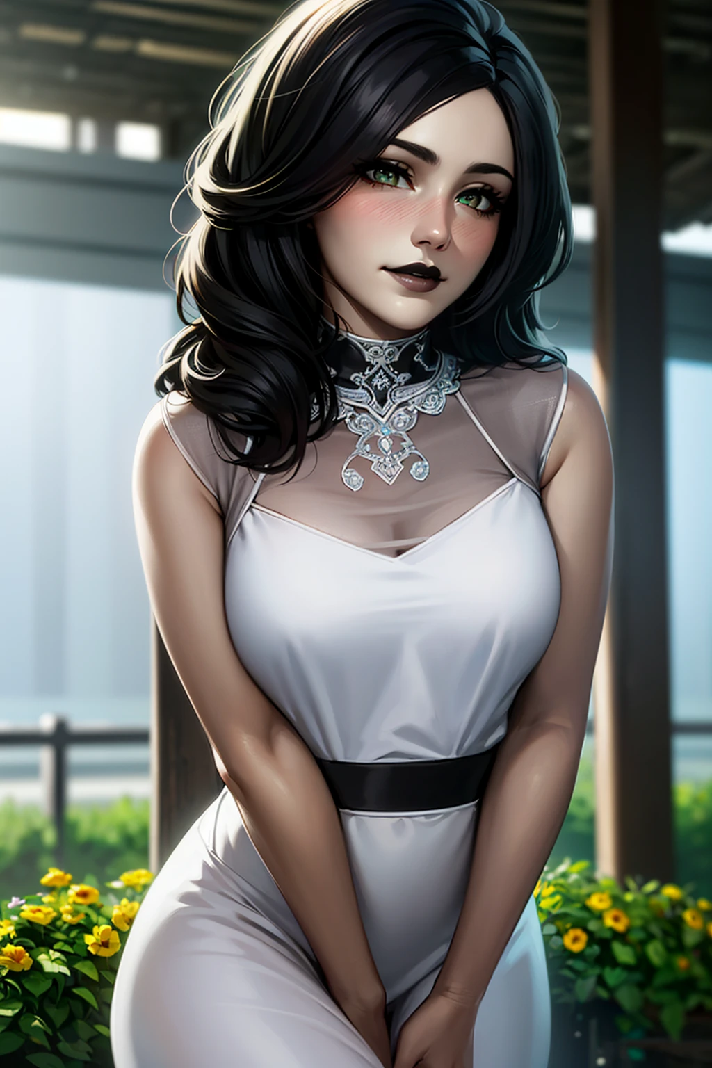 1girl, cowboy shot of beautiful shegolady, white sundress, smile, blush, black lips, outdoors, flowers, sunlight, volumetric lighting, best quality, masterpiece, intricate details, tonemapping, sharp focus, hyper detailed, trending on Artstation, realistic <lora:sxz-shego:0.8>