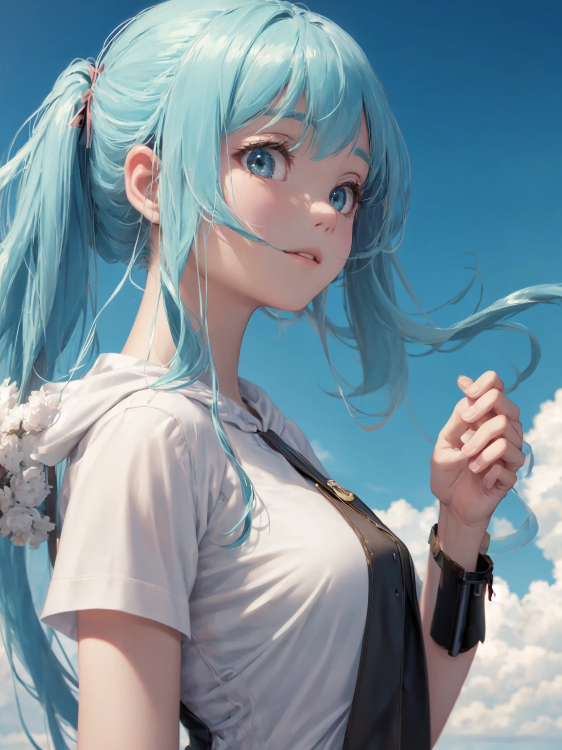 movie still, cloud girl, floating in the sky, (close-up:1.1), bright, happy, fun, soft lighting