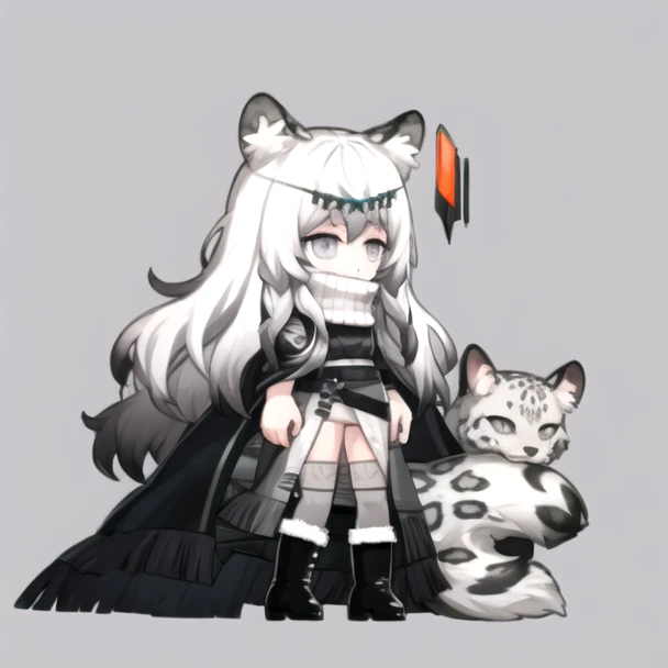 <lora:AKTEST-06:1>,<lora:pramanixArknights_v2:1>, animal ears, leopard ears, grey eyes, white hair, very long hair,turtleneck,  black cape, white dress, pelvic curtain, grey thighhighs, hip vent, black boots, fur-trimmed boots, chibi, full body,standing