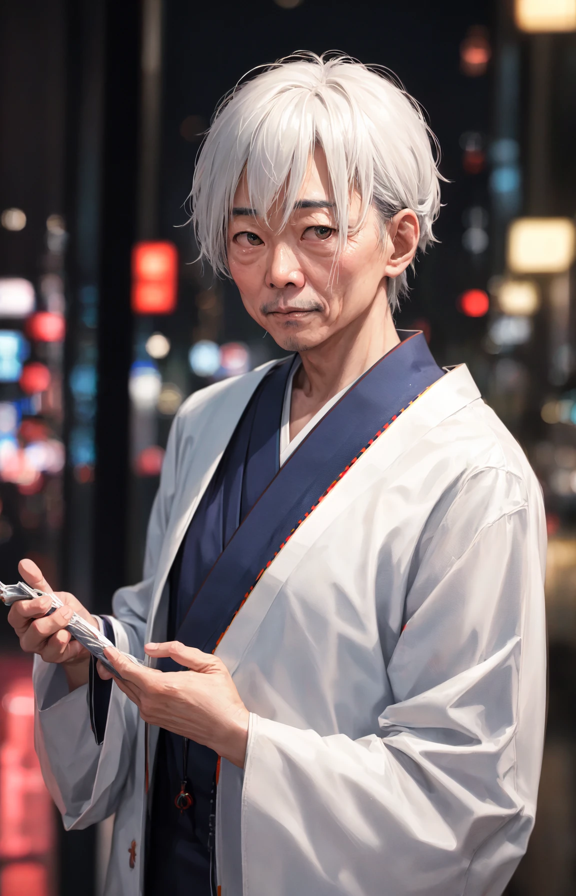 RAW photo, a portrait photo of 50 y.o japanese man in clothes, night tokyo, (high detailed skin:1.2), 8k uhd, dslr, soft lighting, high quality, film grain, Fujifilm XT3