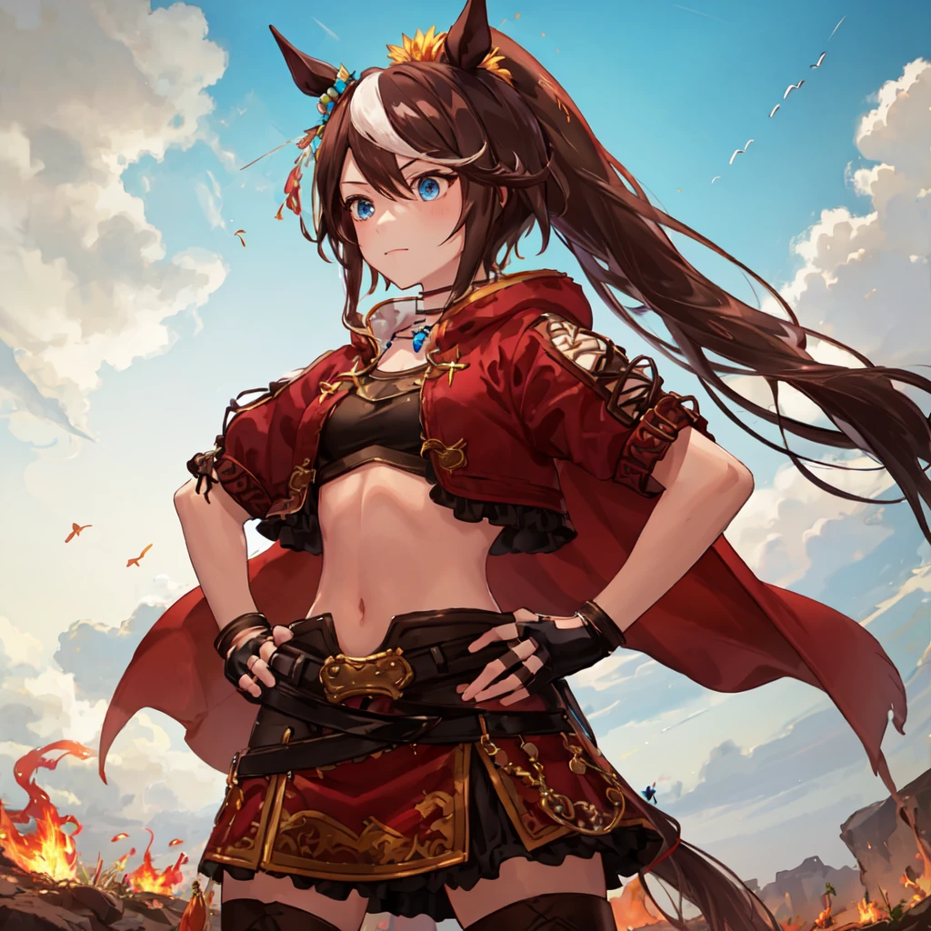 ((masterpiece, best quality)),1girl,Tokai Teio,Tokai Teio(horizon),horse ears,horse girl,brown hair,long hair,high ponytail,streaked_hair,multicolored_hair,blue eyes,jacket,cropped jacket,crop top,midriff,fingerless gloves,short sleeves,navel,skirt,belt,cape,jewelry,frills,hair ornament,hood down,necklace,thighhighs,boots,official_alternate_costume ,<lora:Tokai Teio:0.6>,hands on hips, outdoors, flying flames,on ground,hill,sunrise, from below,