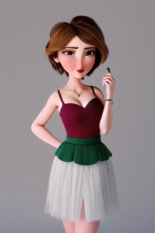 aunt cass, modern disney style,1girl,green eyes, black_skirt, breasts, cleavage, earrings, gradient, gradient_background, grey_background, jewelry, lips, lipstick, looking_at_viewer, makeup, medium_breasts, red_lips, short_hair, skirt, solo, brown_hair<lora:aunt_cass:0.8>