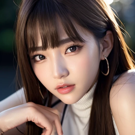 (goddess-like happiness:1.2), Kpop idol, 20 years old, ponytail, (RAW photo:1.2), (photorealistic:1.4), (masterpiece:1.3), (intricate details:1.2), delicate, beautiful detailed, (detailed eyes), (detailed facial features), (turtleneck sweater), petite, small breasts, narrow waist, (looking_at_viewer:1.2), big circle earrings, slim_legs, (skinny), (best quality:1.4), (ultra highres:1.2), cinema light, outdoors, (extreme detailed illustration), (lipgloss, eyelashes, best quality, ultra highres, depth of field, caustics, Broad lighting, natural shading, 85mm, f/1.4, ISO 200, 1/160s:0.75), dynamic pose, <lora:TWbabe4:0.55>