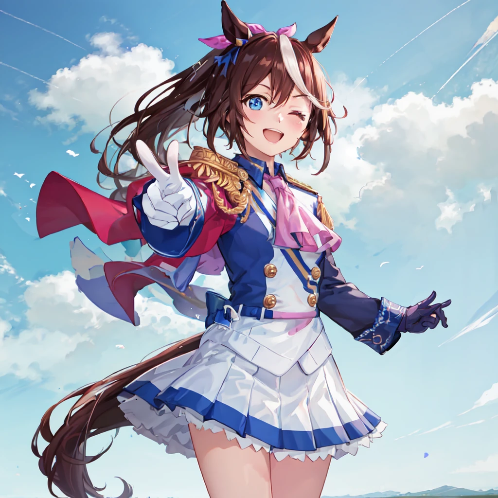 ((masterpiece, best quality)),1girl,Tokai Teio,Tokai Teio(Racing clothes),horse ears,horse girl,brown hair,long hair,high ponytail,streaked_hair,multicolored_hair,blue eyes,epaulettes,pink_ascot,skirt,long_sleeves,asymmetrical gloves,white_jacket,hair_ribbon,multicolored_clothes,white_footwear,knee_boots ,<lora:Tokai Teio:0.6>,happy,one eye closed, pointing at viewer, outdoors,