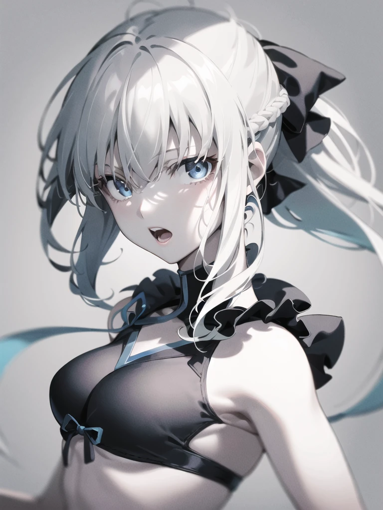 morgan\(fate\),vvi\(artstyle\),vvi\(eyes\)solo, 1girl, monochrome, short hair, spot color, multicolored eyes, greyscale, portrait, floating hair, looking at viewer, grey background, open mouth, shadow, chromatic aberration, blue eyes, eyelashes, simple background, blurry, upper body, wind,bow, hair bow, thighs, black bow, black bikini,<lora:Morgan_v2:0.8> ,<lora:Vivid_Impactful_Style_4a:0.4>