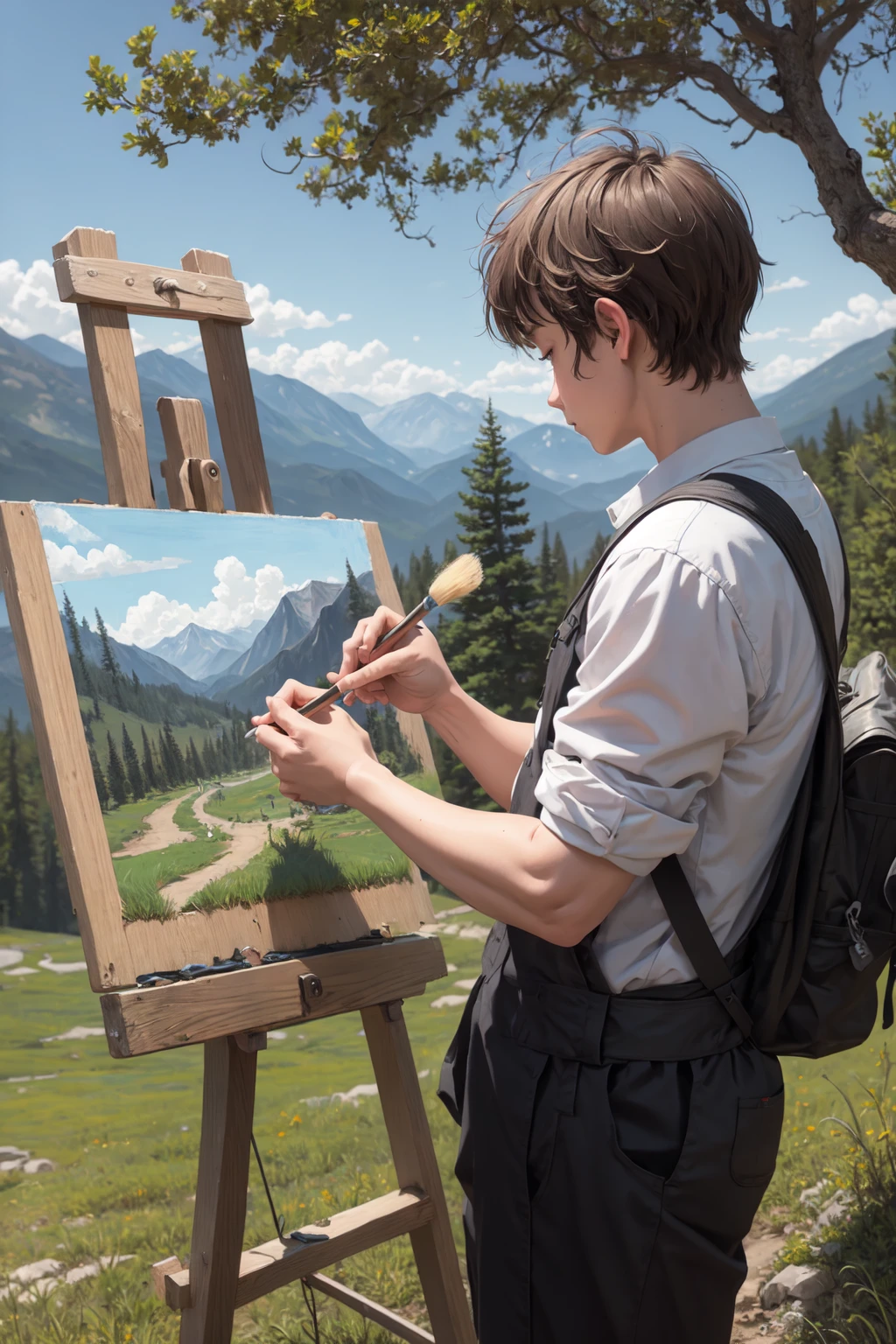 masterpiece, best quality, 1boy, plein air painting in the mountains