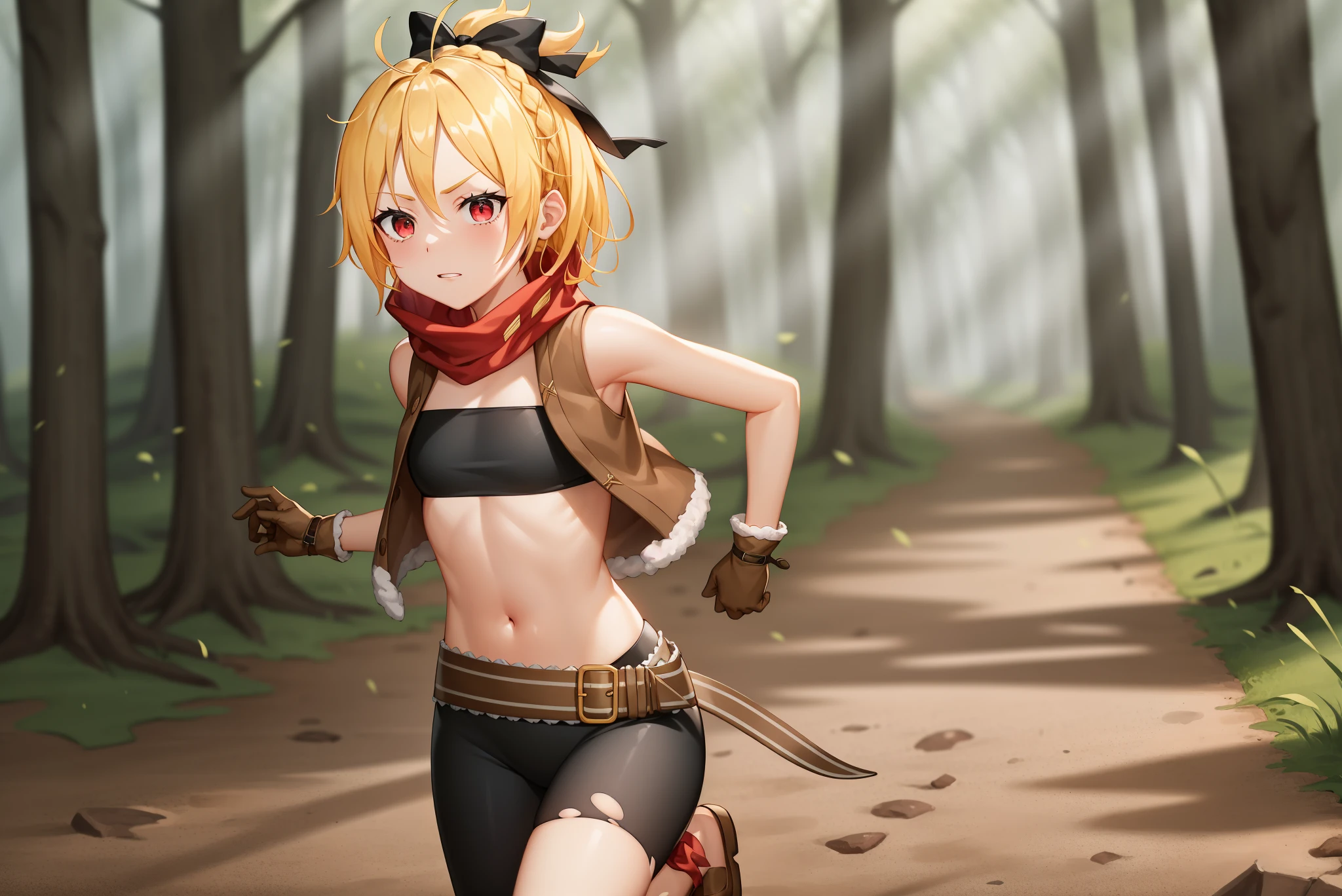 <lora:Felt:1>
best quality, 4k, ((masterpiece)), extremely detailed, 8k, trending on ArtStation, Intricate, High Detail, Sharp focus,detailed background,(forest:1.4),
1girl, solo, scarf, navel, bow, blonde hair, red eyes, hair bow, red scarf, braid, short hair, belt, bandeau, small breasts,( running:1.2), looking at viewer, (smug:1.0), midriff, (cowboy shot:1.1),parted lips,blonde hair,black bow,,asymmetrical clothes, gloves,brown gloves, torn legwear,