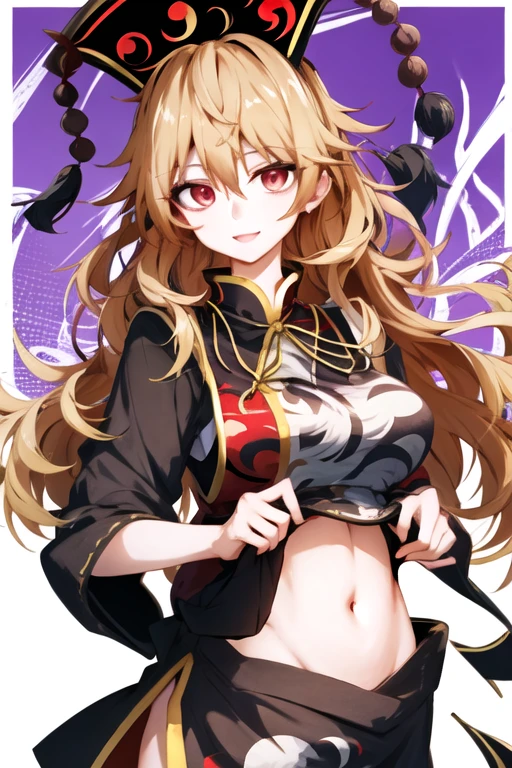 1girl, (junko (touhou)), solo, long hair, red eyes, blonde hair, earrings, hair between eyes, looking at viewer, long sleeves, jewelry, chinese clothes, tabard, hat, dress, black dress, cowboy shot, energy, bangs, wide sleeves,red vest, pom pom (clothes), black headwear, crescent, tassel, open mouth, phoenix crown, smile, blush,
shoujo-style, detailed hair, ((upper body)), navel, looking at viewer, breasts, smile, ((clothes lift)), ((lifted by self)), groin, stomach, midriff, shirt lift, open jacket, black shorts, bangs, large breasts, hair between eyes, white border, border, short shorts
(Highres), 8K, Detailed, Ambient Light, Digital Art, Soft Lighting, (Hyper-Detailed Background:1.2), Messy Hair, (Mature Face:1.4), (beautiful face:1.15), (((masterpiece))), (highest quality), ((perfect face)), very deep eyes, (cinematic lighting), detailed eyes, best quality, realistic background, highres, (intricate details), detailed finger, extremely detailed, intricate, award-winning, hyper-detailed, hard lighting, intricate details, eyes focus, (illustration:1.1), highres, trending on artstation
