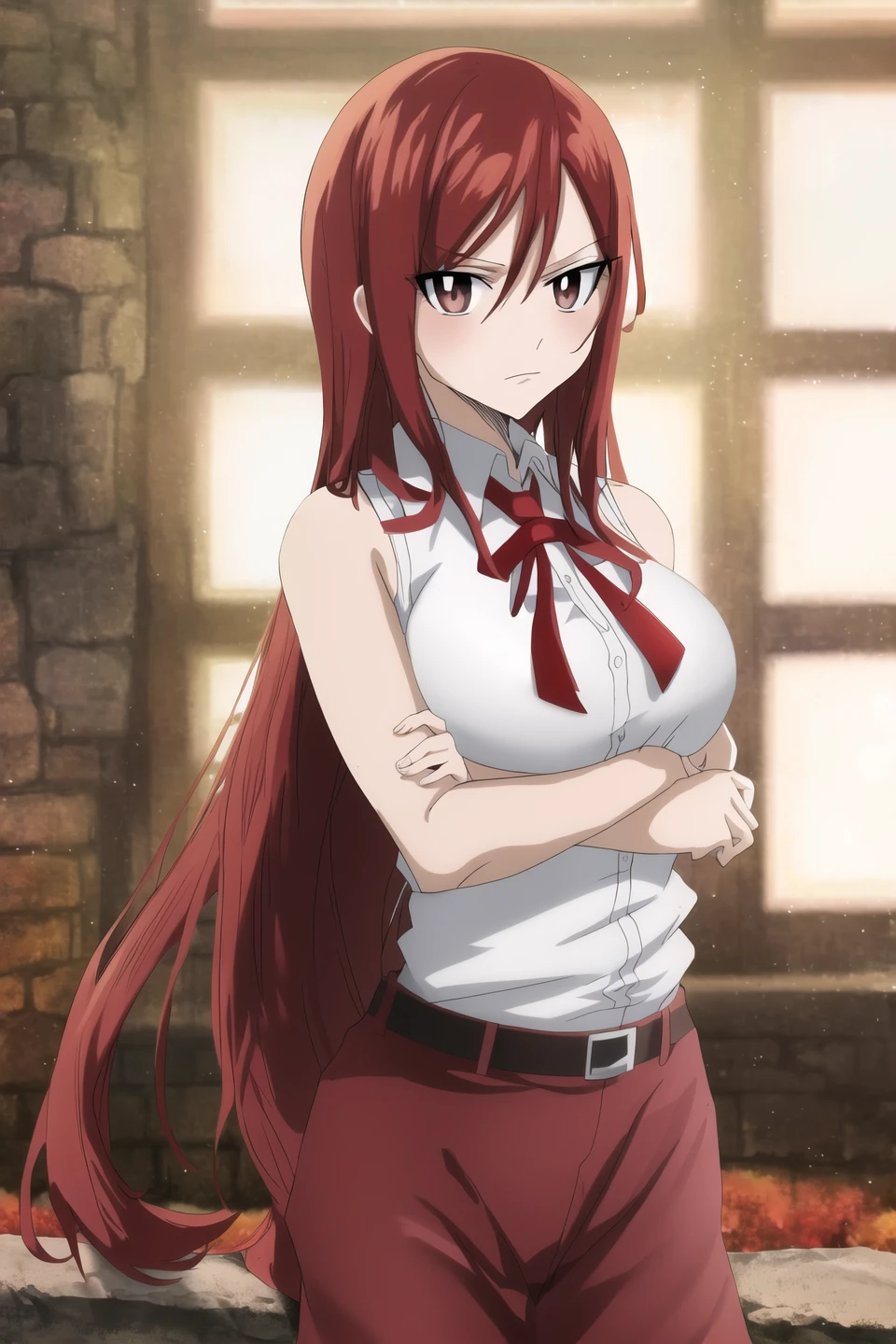 erza, fairy tail, anime art style, 1girl, solo, long_hair, breasts, looking_at_viewer, shirt, ribbon, brown_eyes, white_shirt, upper_body, red_hair, sleeveless, hair_over_one_eye, sleeveless_shirt, frown, parody