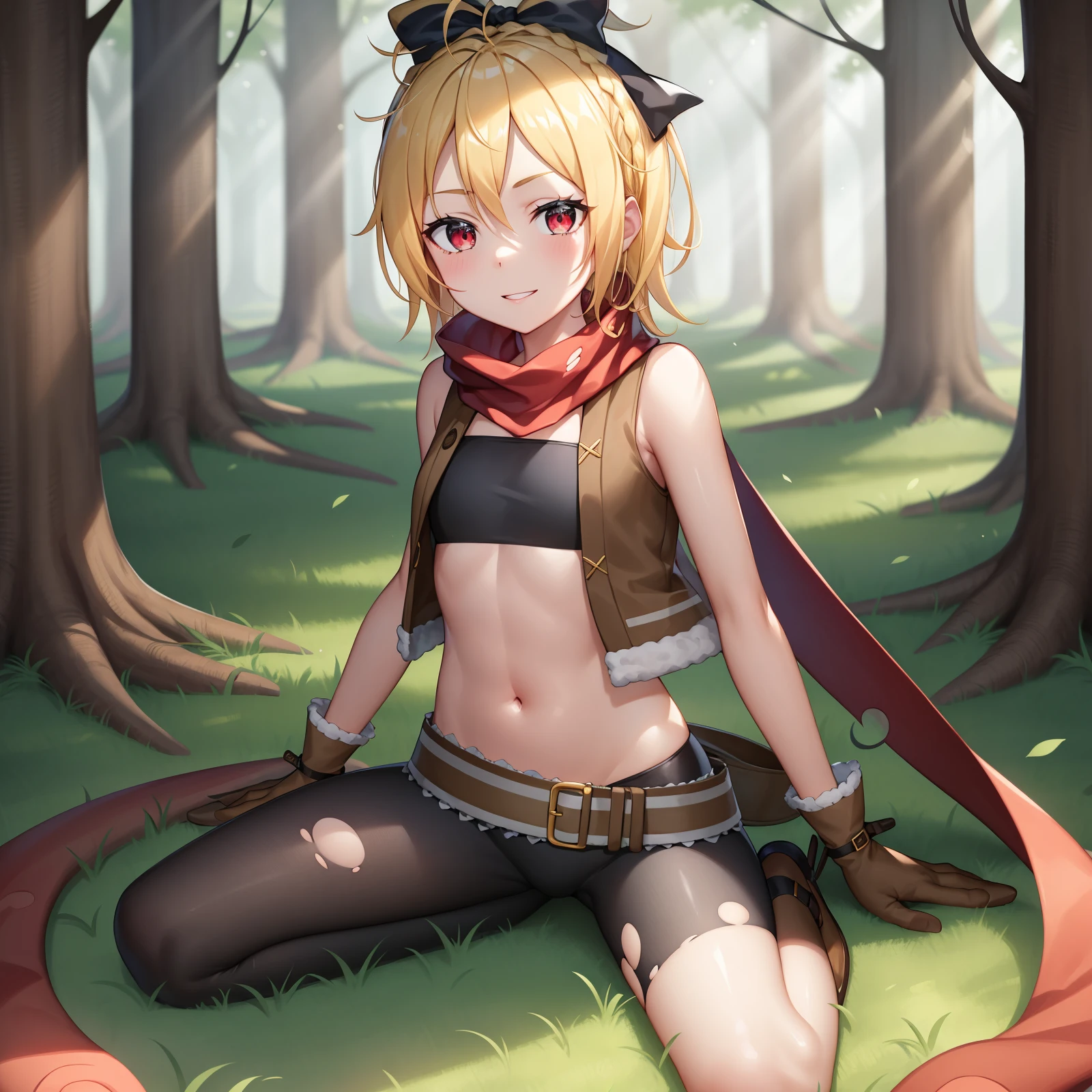 <lora:Felt:1>
best quality, 4k, ((masterpiece)), extremely detailed, 8k, trending on ArtStation, Intricate, High Detail, Sharp focus,detailed background,(forest:1.4),
1girl, solo, navel, bow, blonde hair, red eyes, hair bow, red scarf, braid, short hair, belt, bandeau, small breasts,sitting, looking at viewer, smile, midriff, full body,parted lips,blonde hair,black bow,,asymmetrical clothes, gloves,brown gloves, torn legwear,vest,