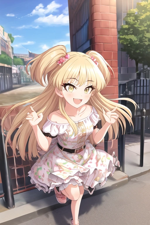 Jougasaki Rika, 1girl, ;d, belt, belt buckle, blonde hair, blush, breasts, brown footwear, buckle, collarbone, comiket 99, day, dress, frilled dress, frills, green eyes, hands up, lemon print, long hair, off-shoulder dress, off shoulder, open mouth, outdoors, print dress, puffy short sleeves, puffy sleeves, sandals, short sleeves, skirt hold, small breasts, smile, solo, standing, standing on one leg, teeth, two side up, upper teeth only, very long hair, white belt, white dress
<lora:deresute-000016:1>