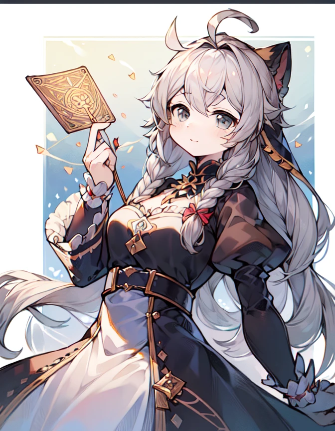 (tarot border:1.2),(masterpiece),(best quality),(ultra-detailed),(illustration),(white background:1.0),1girl,(grey hair:1.1),long wavy hair, (grey eyes:1.1),(ahoge:1.2),side braid,solo,puffy sleeves,dress,frills,black hair ribbon