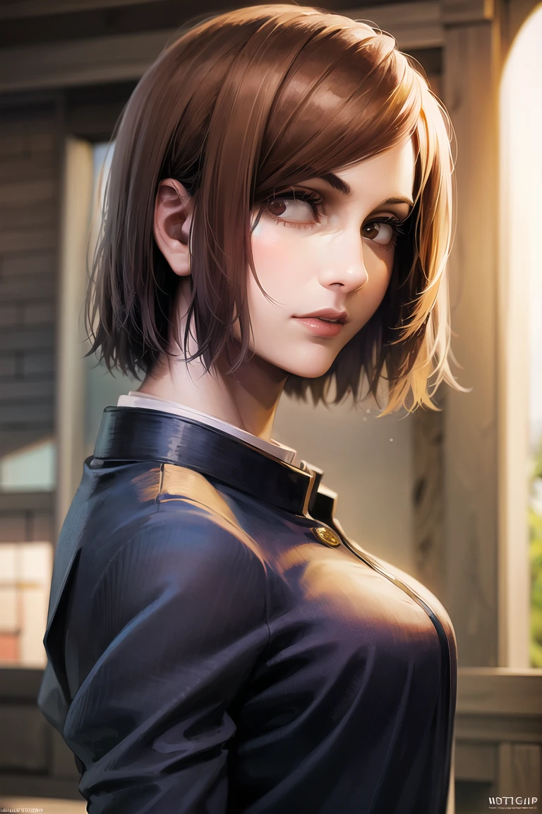 1girl, cowboy shot, beautiful NobaraJK, school_uniform, bangs, jacket,, volumetric lighting, best quality, masterpiece, intricate details, tonemapping, sharp focus, hyper detailed, trending on Artstation, realistic, <lora:NobaraJK:1>