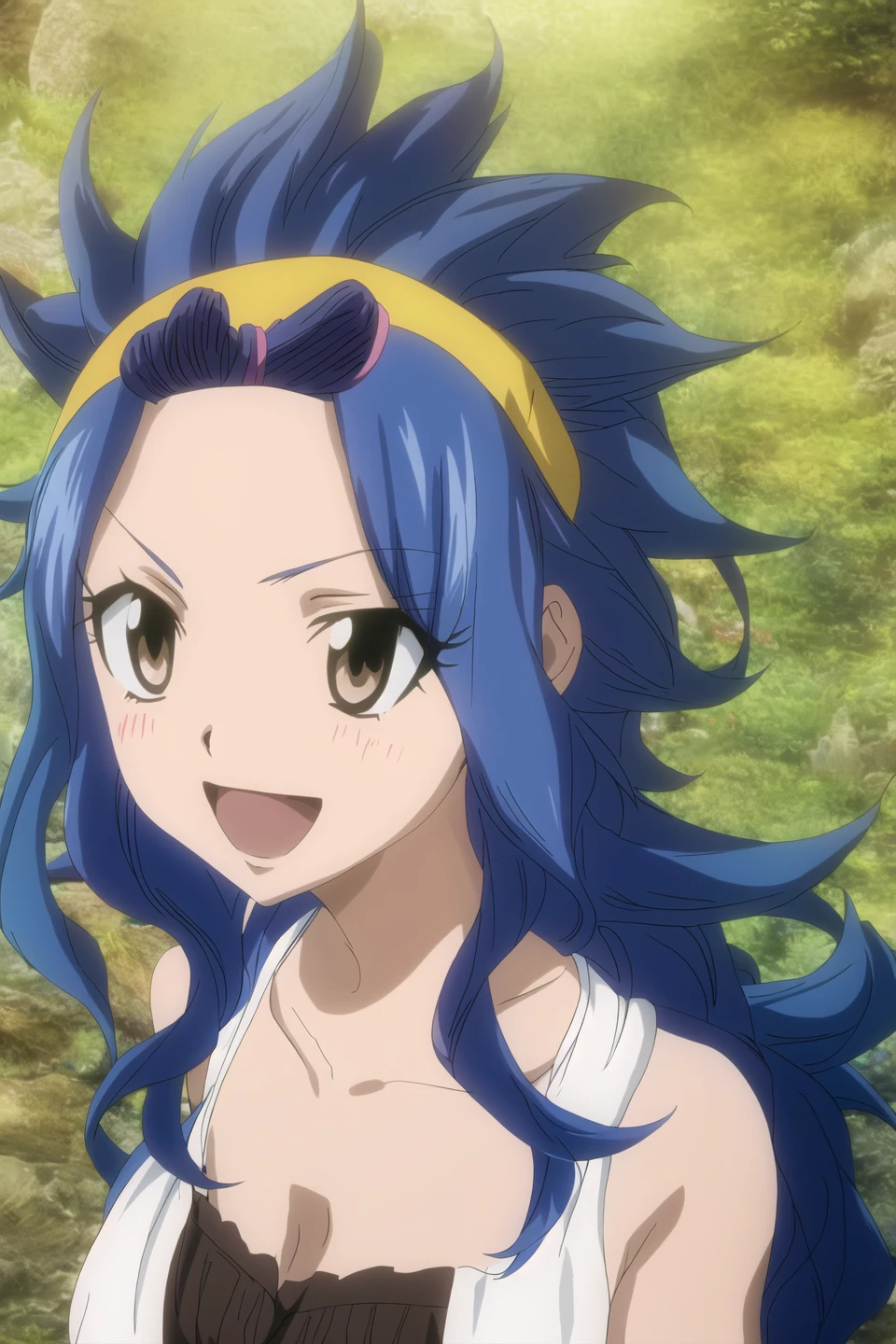 levy, fairy tail, anime art style, 1girl, solo, long_hair, smile, hair_ornament, bare_shoulders, brown_eyes, blue_hair, collarbone, upper_body, :d, hairband