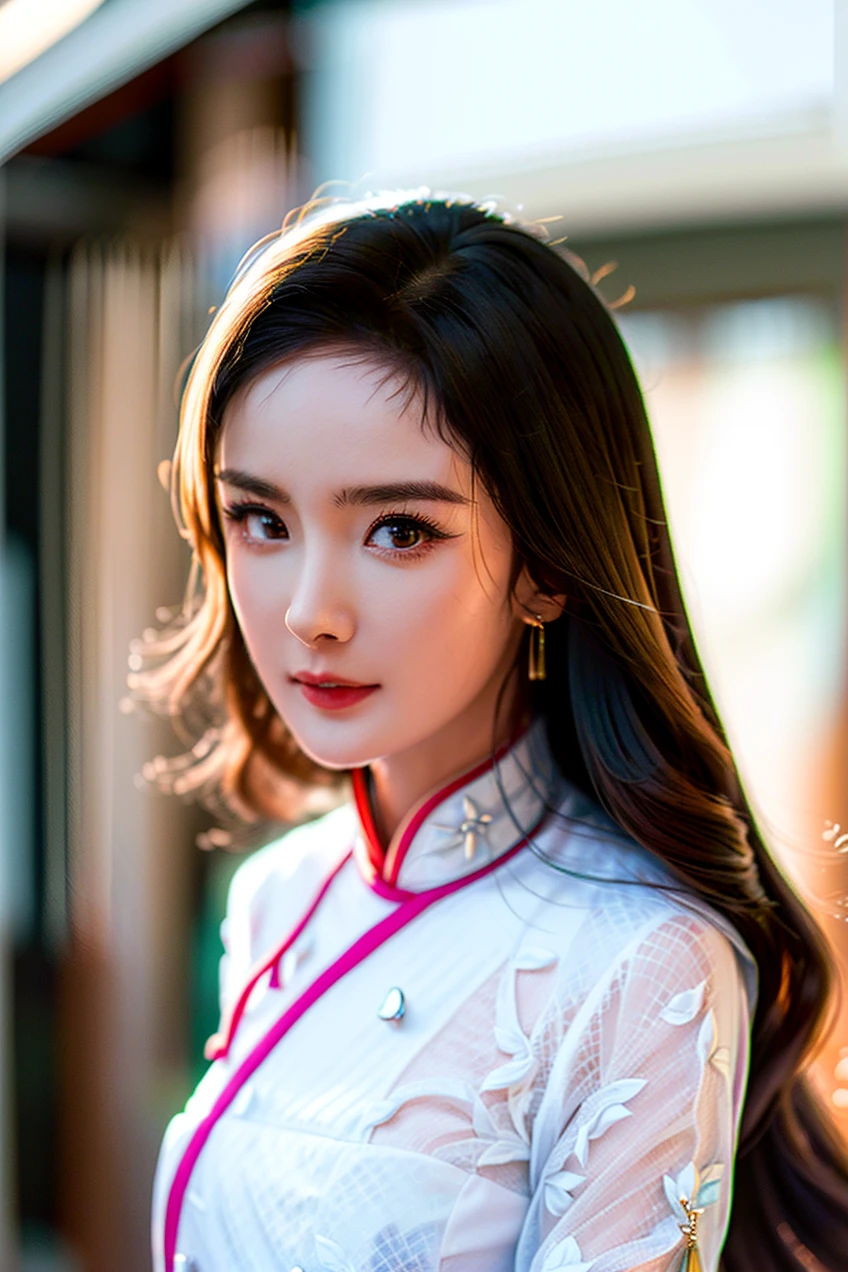 (yangmi), ((hanfu)), chinese clothes, china dress,
(((master peice))), (((best quality))), (((ultra high res))), (photorealistic:1.4), 8K, Nikon D750, ((Wide Angle)),
1girl, detailed face, upper body, bright pupils, face light,